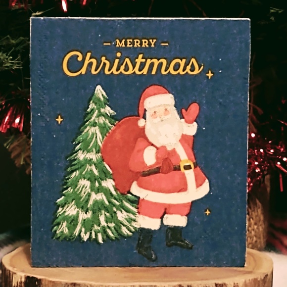 Hand Crafted Merry Christmas Santa Claus Christmas Tree Navy Gold Mini Wood Sign - Picture 1 of 4
